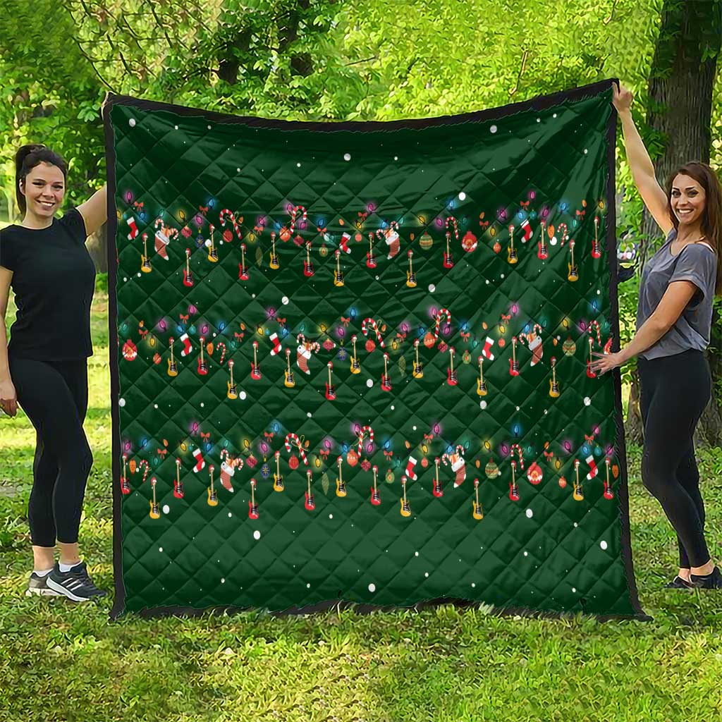 Ornaments on Green Snowy Background Quilt with Electric Guitars Santa Candy Canes - Wonder Print Shop