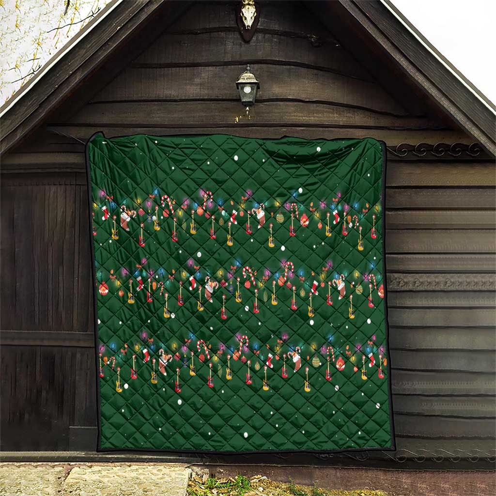 Ornaments on Green Snowy Background Quilt with Electric Guitars Santa Candy Canes - Wonder Print Shop
