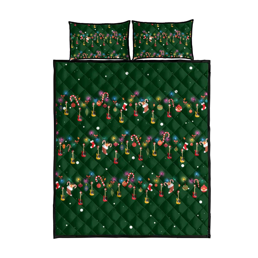 Ornaments on Green Snowy Background Quilt Bed Set with Electric Guitars Santa Candy Canes - Wonder Print Shop