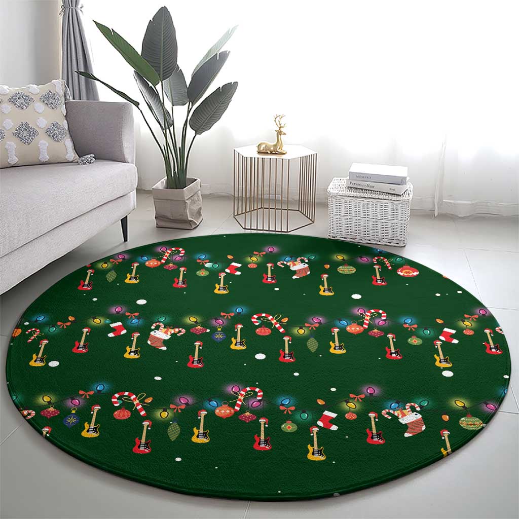 Ornaments on Green Snowy Background Round Carpet with Electric Guitars Santa Candy Canes - Wonder Print Shop
