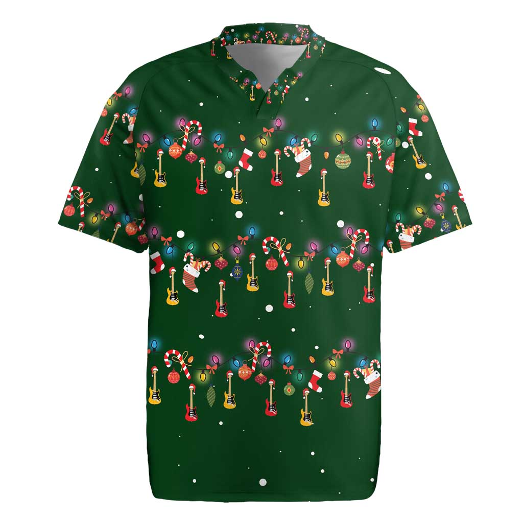 Ornaments on Green Snowy Background Rugby Jersey with Electric Guitars Santa Candy Canes - Wonder Print Shop