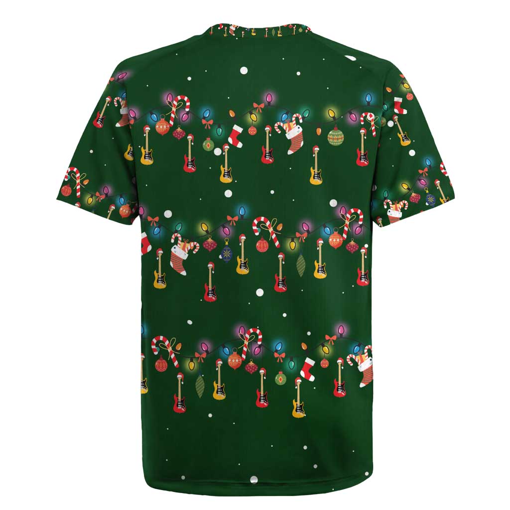 Ornaments on Green Snowy Background Rugby Jersey with Electric Guitars Santa Candy Canes - Wonder Print Shop