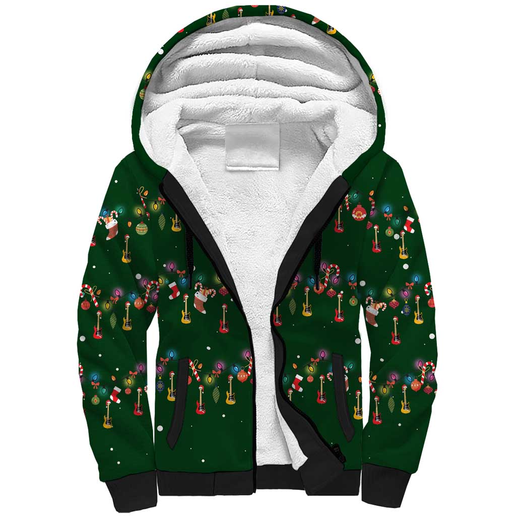 Ornaments on Green Snowy Background Sherpa Hoodie with Electric Guitars Santa Candy Canes - Wonder Print Shop