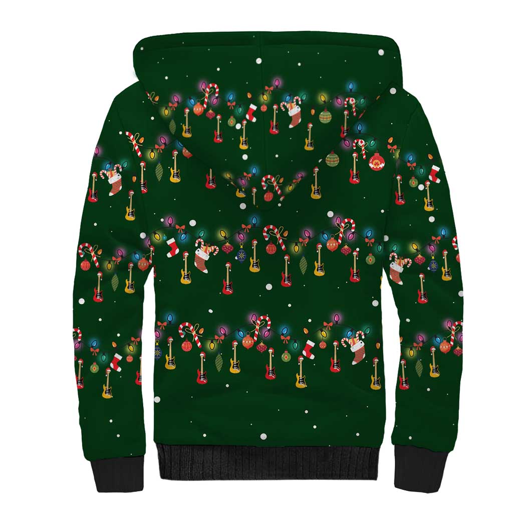 Ornaments on Green Snowy Background Sherpa Hoodie with Electric Guitars Santa Candy Canes - Wonder Print Shop