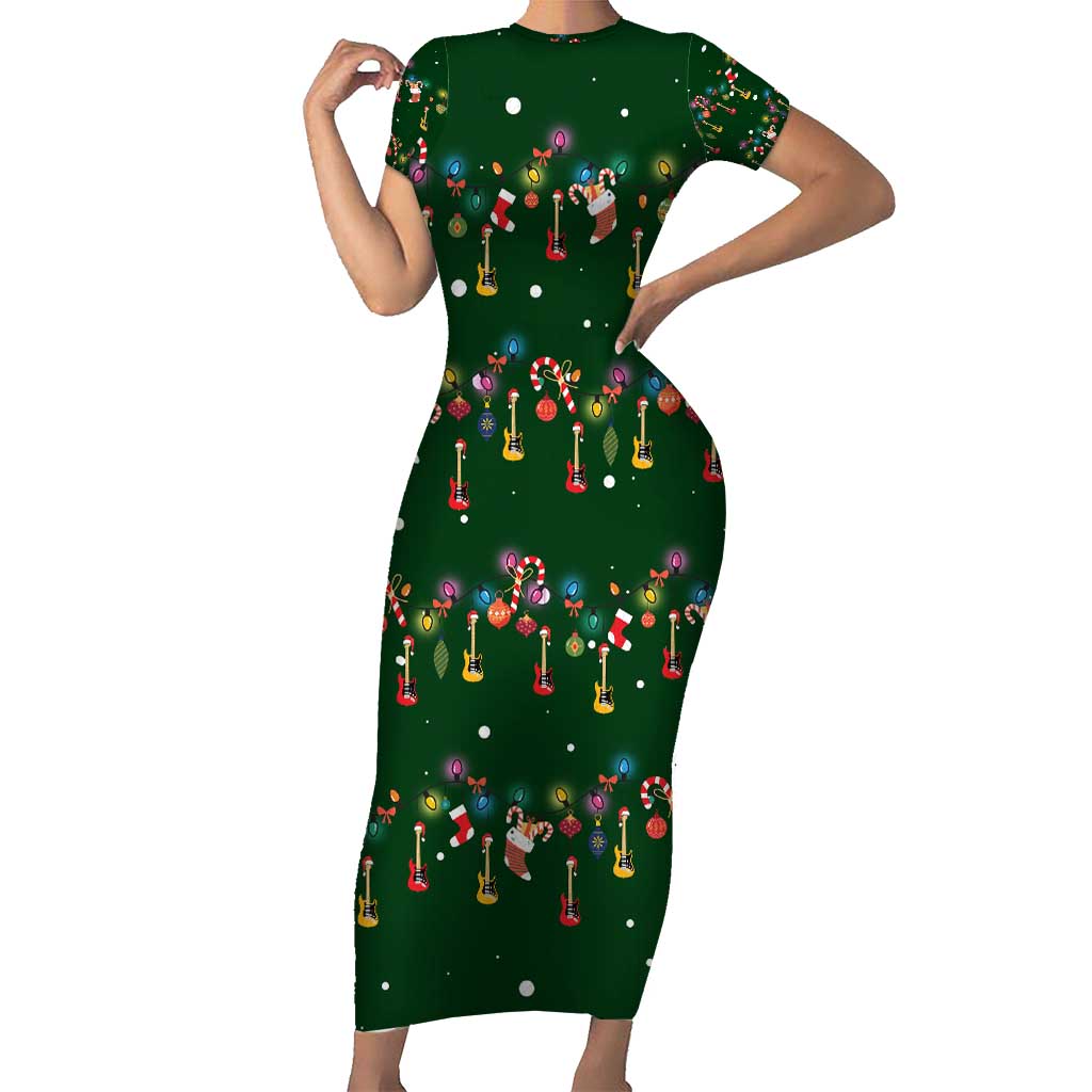 Ornaments on Green Snowy Background Short Sleeve Bodycon Dress with Electric Guitars Santa Candy Canes - Wonder Print Shop