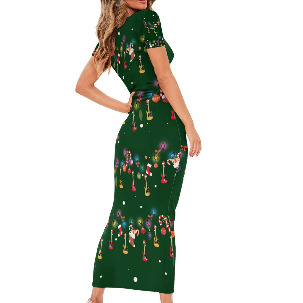 Ornaments on Green Snowy Background Short Sleeve Bodycon Dress with Electric Guitars Santa Candy Canes - Wonder Print Shop
