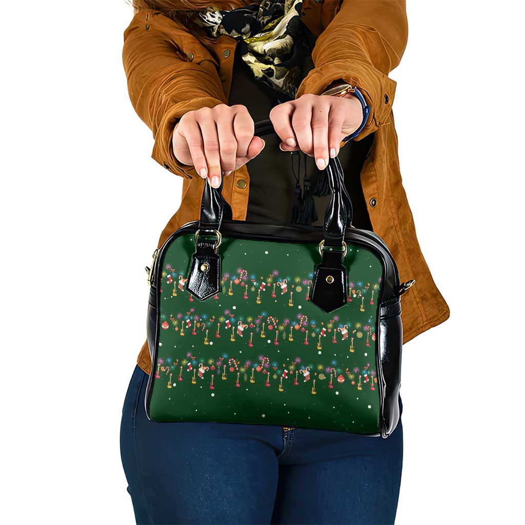 Ornaments on Green Snowy Background Shoulder Handbag with Electric Guitars Santa Candy Canes - Wonder Print Shop
