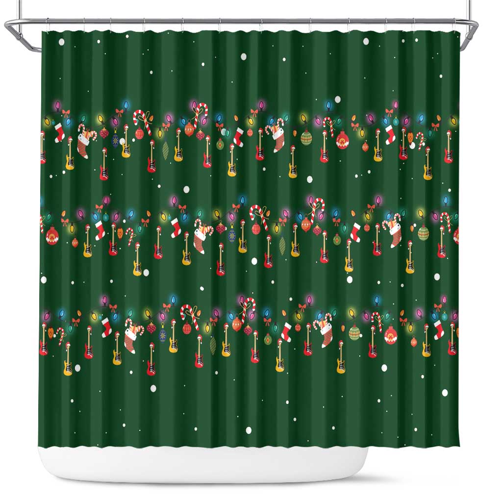 Ornaments on Green Snowy Background Shower Curtain with Electric Guitars Santa Candy Canes - Wonder Print Shop