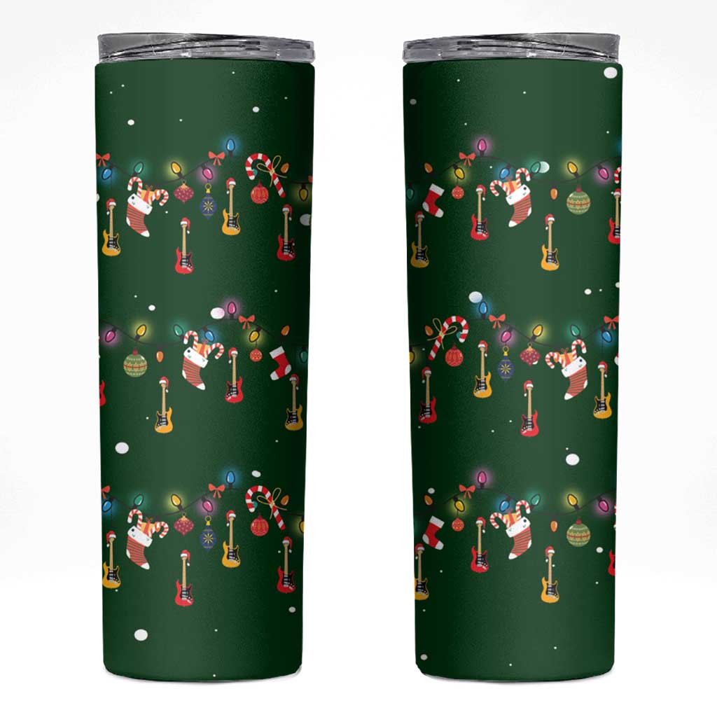 Ornaments on Green Snowy Background Skinny Tumbler with Electric Guitars Santa Candy Canes - Wonder Print Shop