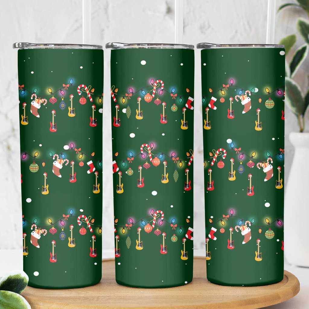Ornaments on Green Snowy Background Skinny Tumbler with Electric Guitars Santa Candy Canes - Wonder Print Shop