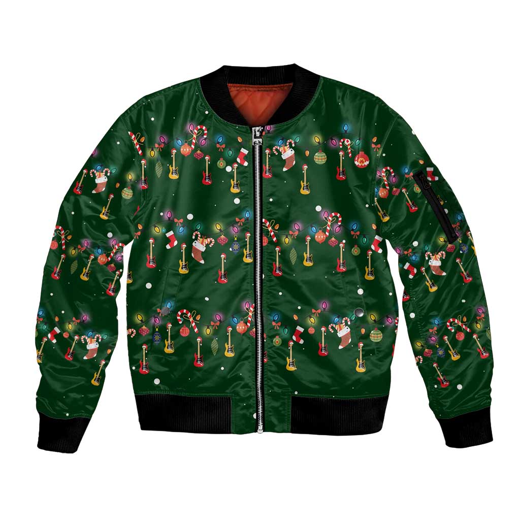 Ornaments on Green Snowy Background Sleeve Zip Bomber Jacket with Electric Guitars Santa Candy Canes - Wonder Print Shop
