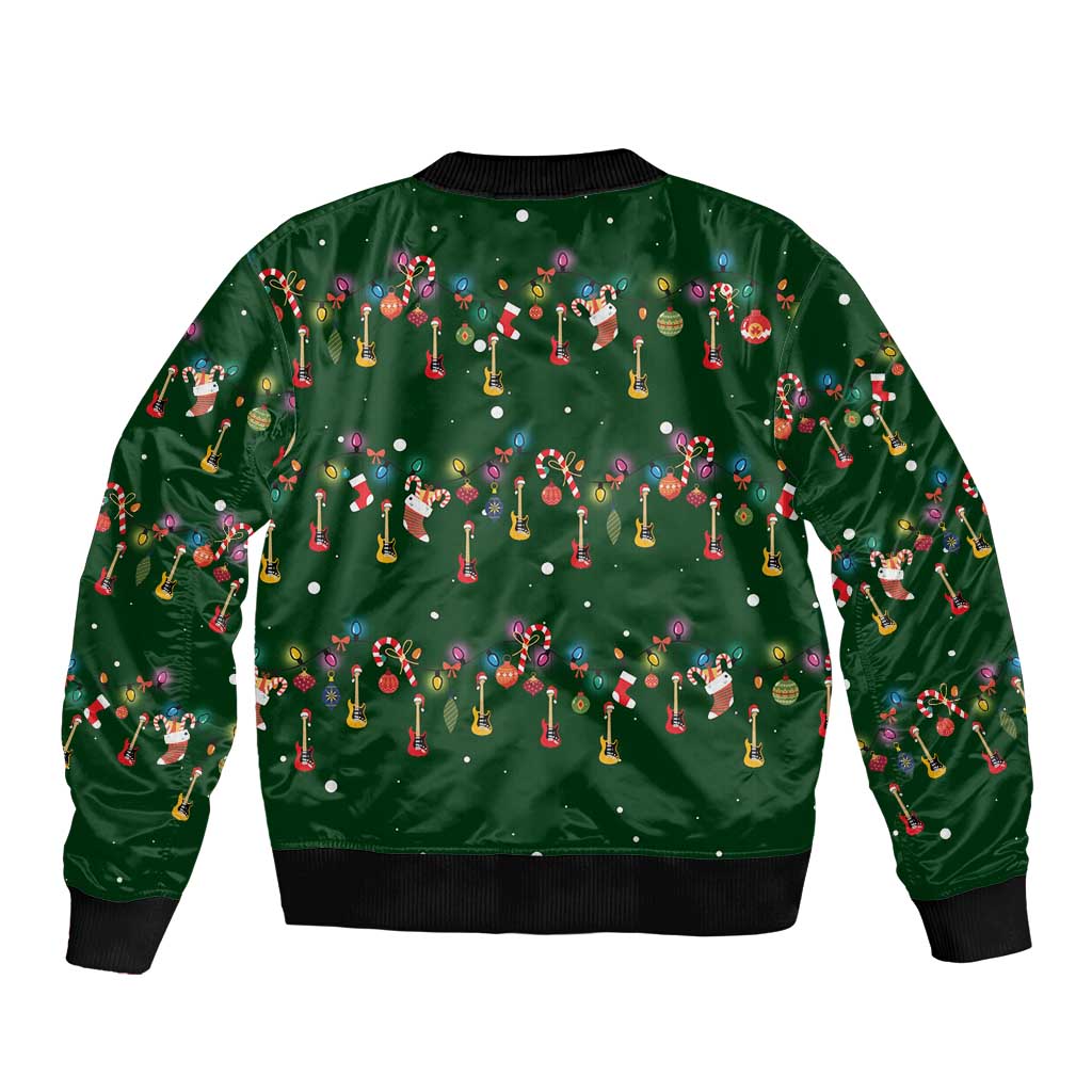 Ornaments on Green Snowy Background Sleeve Zip Bomber Jacket with Electric Guitars Santa Candy Canes - Wonder Print Shop