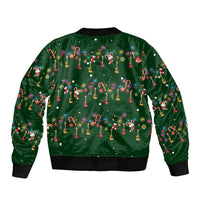 Ornaments on Green Snowy Background Sleeve Zip Bomber Jacket with Electric Guitars Santa Candy Canes - Wonder Print Shop