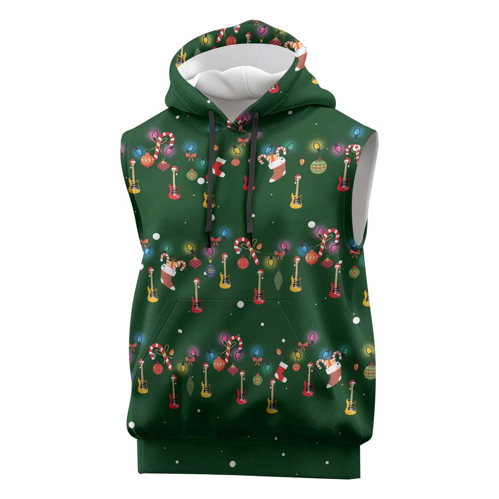 Ornaments on Green Snowy Background Sleeveless Hoodie with Electric Guitars Santa Candy Canes - Wonder Print Shop