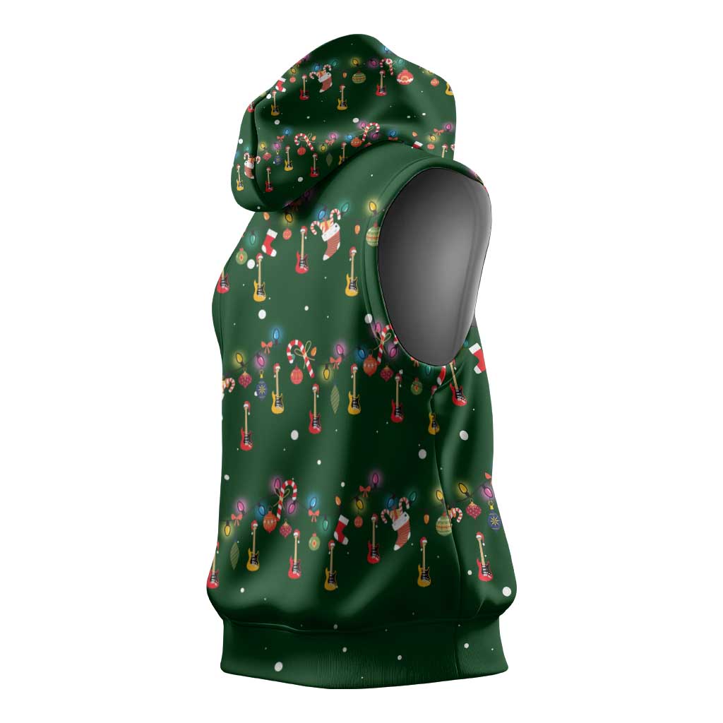 Ornaments on Green Snowy Background Sleeveless Hoodie with Electric Guitars Santa Candy Canes - Wonder Print Shop