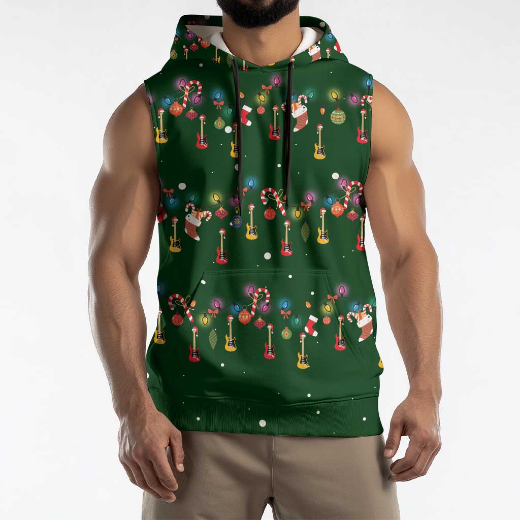 Ornaments on Green Snowy Background Sleeveless Hoodie with Electric Guitars Santa Candy Canes - Wonder Print Shop
