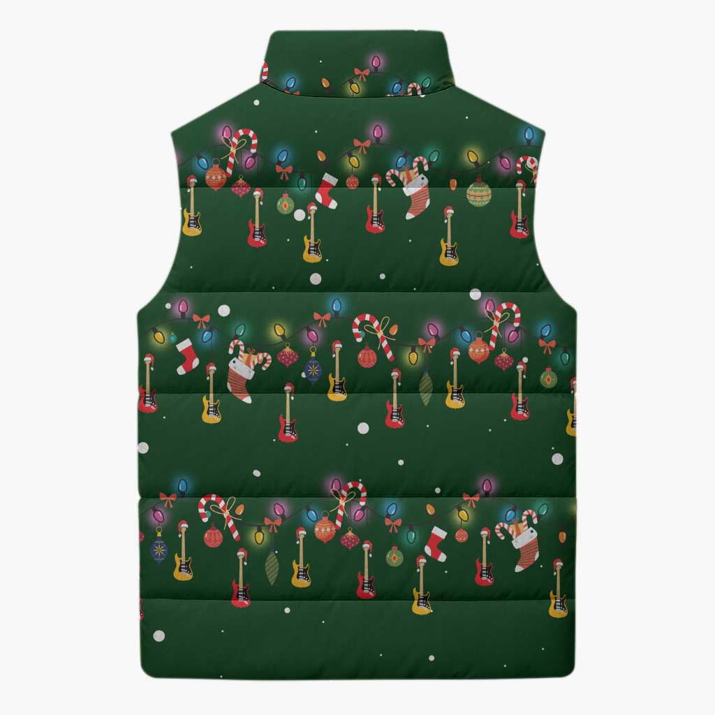 Ornaments on Green Snowy Background Sleeveless Puffer Jacket with Electric Guitars Santa Candy Canes - Wonder Print Shop