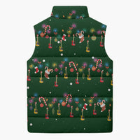 Ornaments on Green Snowy Background Sleeveless Puffer Jacket with Electric Guitars Santa Candy Canes - Wonder Print Shop