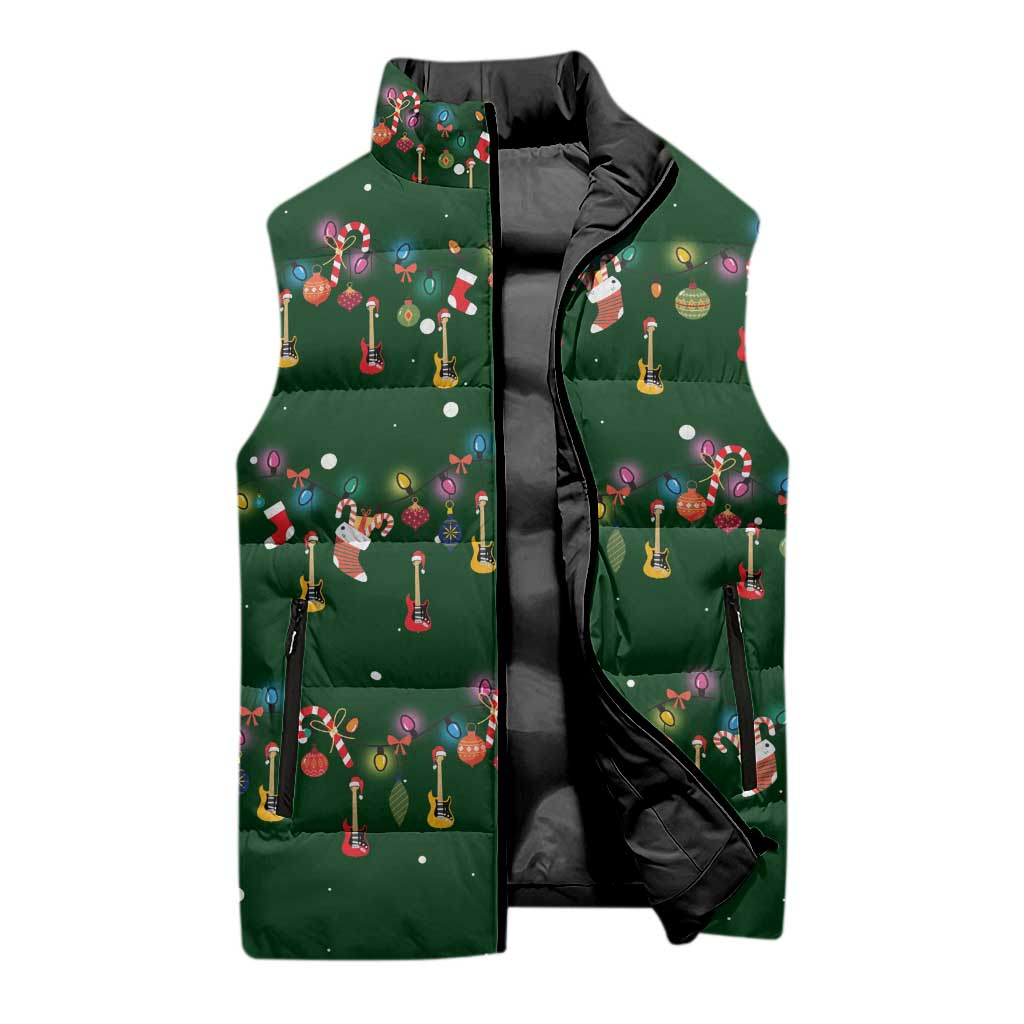 Ornaments on Green Snowy Background Sleeveless Puffer Jacket with Electric Guitars Santa Candy Canes - Wonder Print Shop