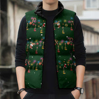 Ornaments on Green Snowy Background Sleeveless Puffer Jacket with Electric Guitars Santa Candy Canes - Wonder Print Shop