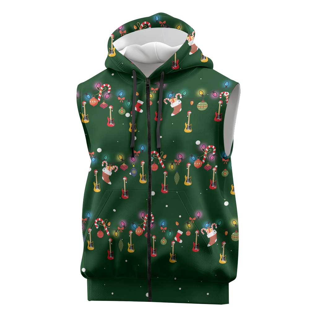 Ornaments on Green Snowy Background Sleeveless Zip Hoodie with Electric Guitars Santa Candy Canes - Wonder Print Shop