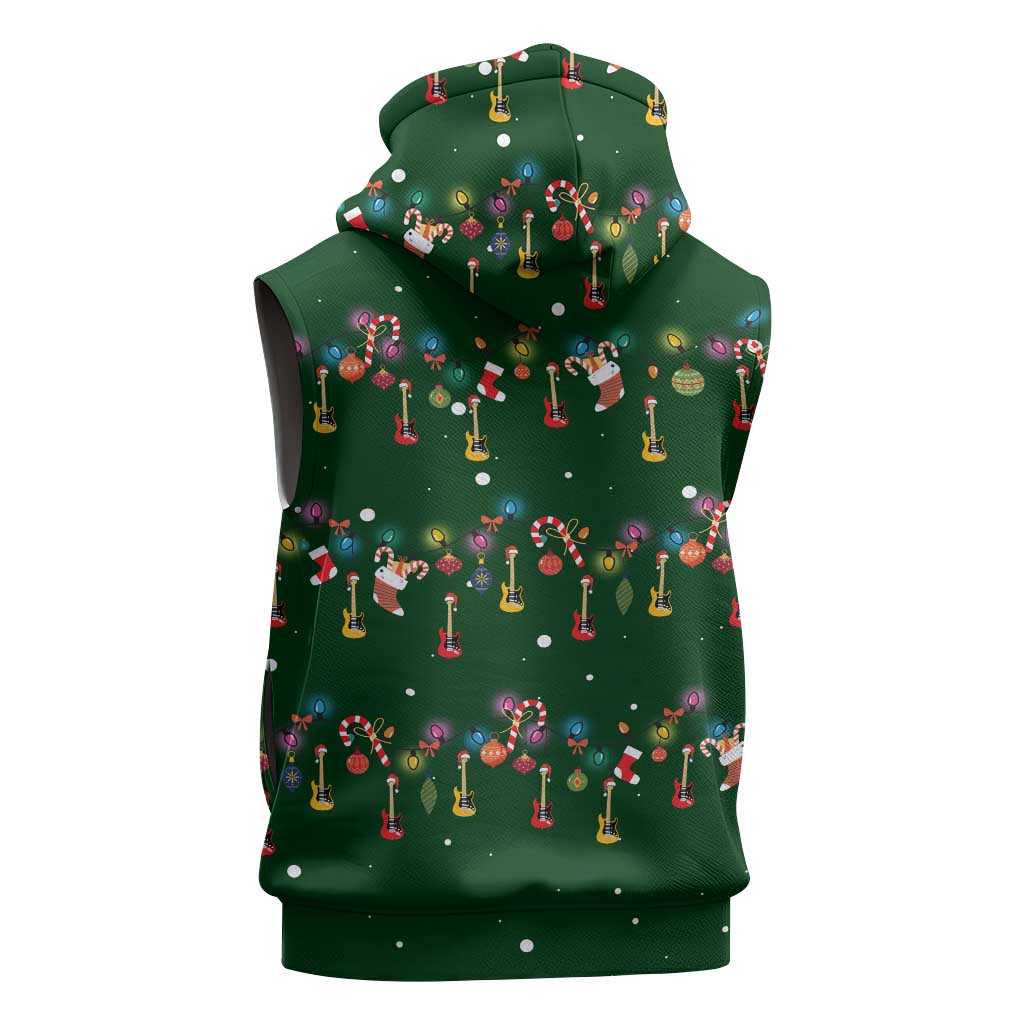 Ornaments on Green Snowy Background Sleeveless Zip Hoodie with Electric Guitars Santa Candy Canes - Wonder Print Shop