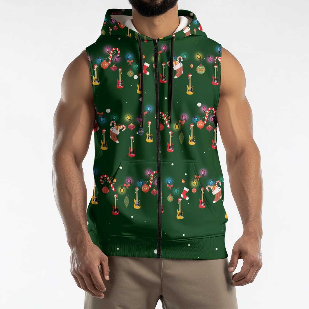 Ornaments on Green Snowy Background Sleeveless Zip Hoodie with Electric Guitars Santa Candy Canes - Wonder Print Shop