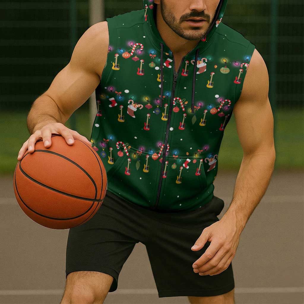 Ornaments on Green Snowy Background Sleeveless Zip Hoodie with Electric Guitars Santa Candy Canes - Wonder Print Shop