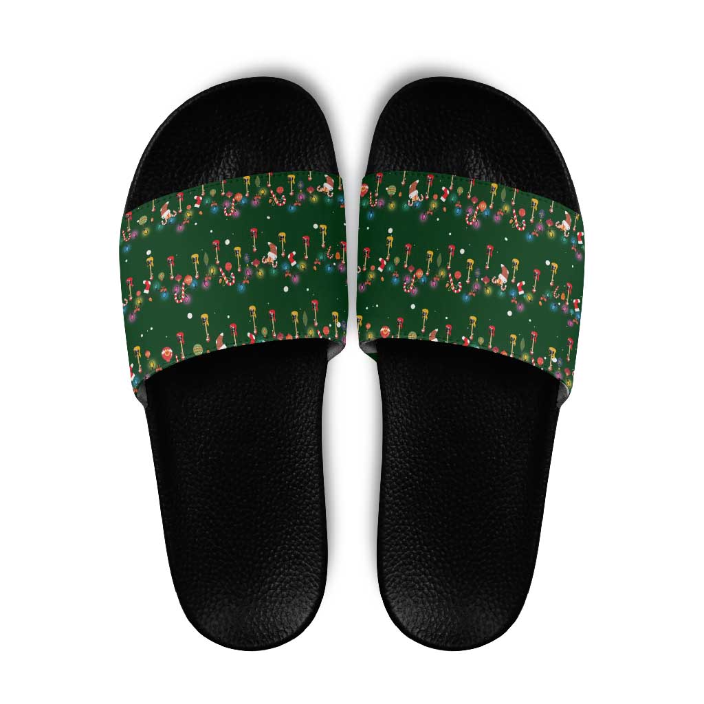 Ornaments on Green Snowy Background Slide Sandals with Electric Guitars Santa Candy Canes - Wonder Print Shop