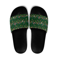 Ornaments on Green Snowy Background Slide Sandals with Electric Guitars Santa Candy Canes - Wonder Print Shop