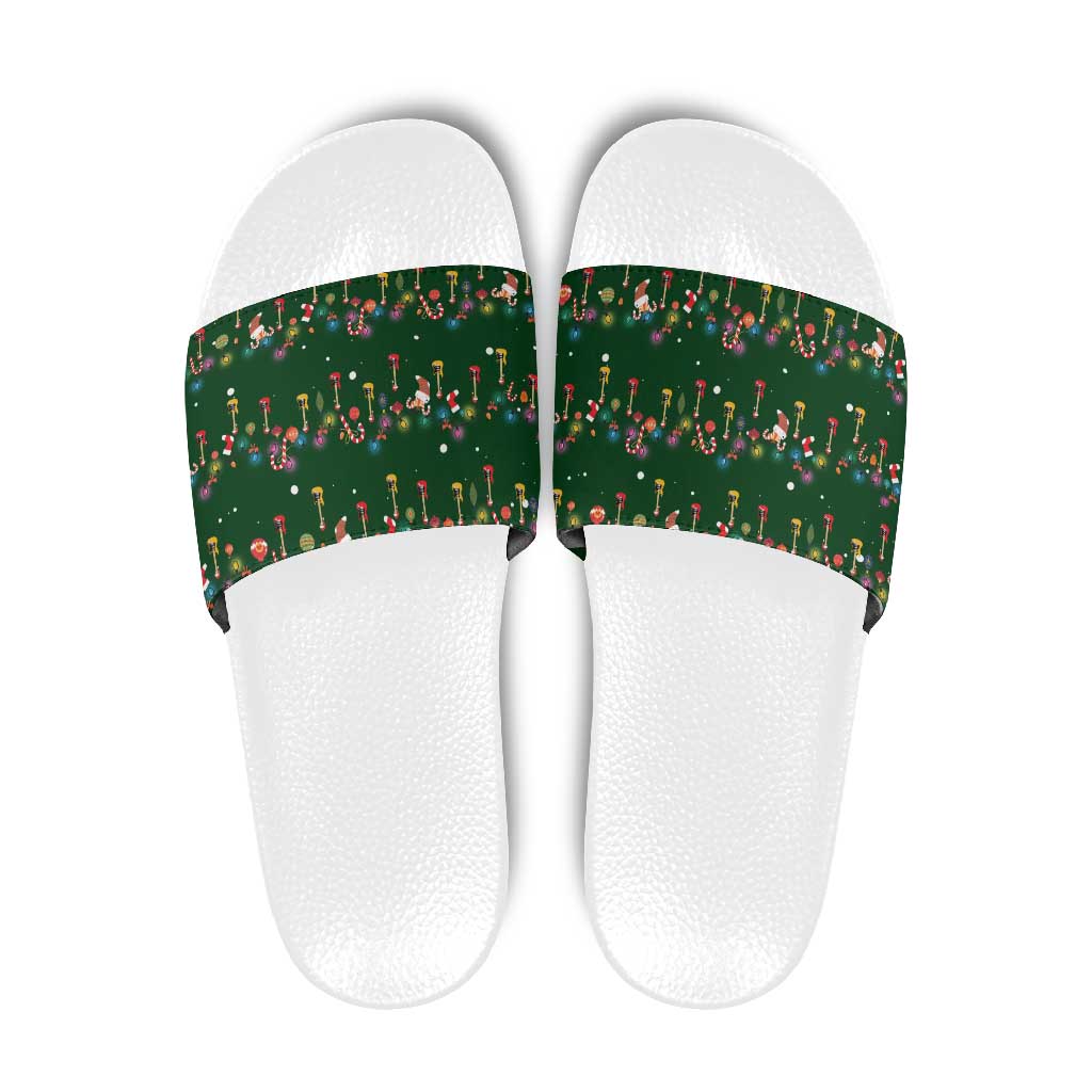Ornaments on Green Snowy Background Slide Sandals with Electric Guitars Santa Candy Canes - Wonder Print Shop