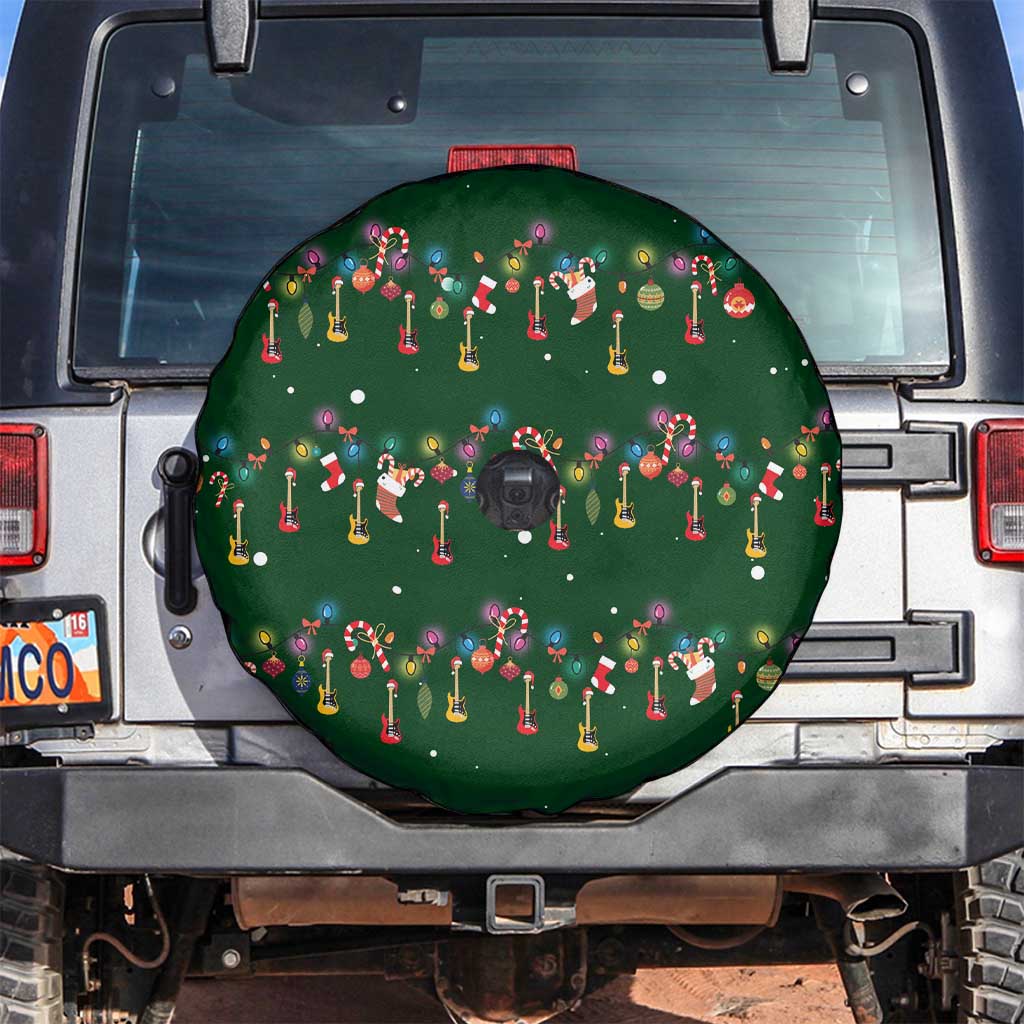 Ornaments on Green Snowy Background Spare Tire Cover with Electric Guitars Santa Candy Canes - Wonder Print Shop