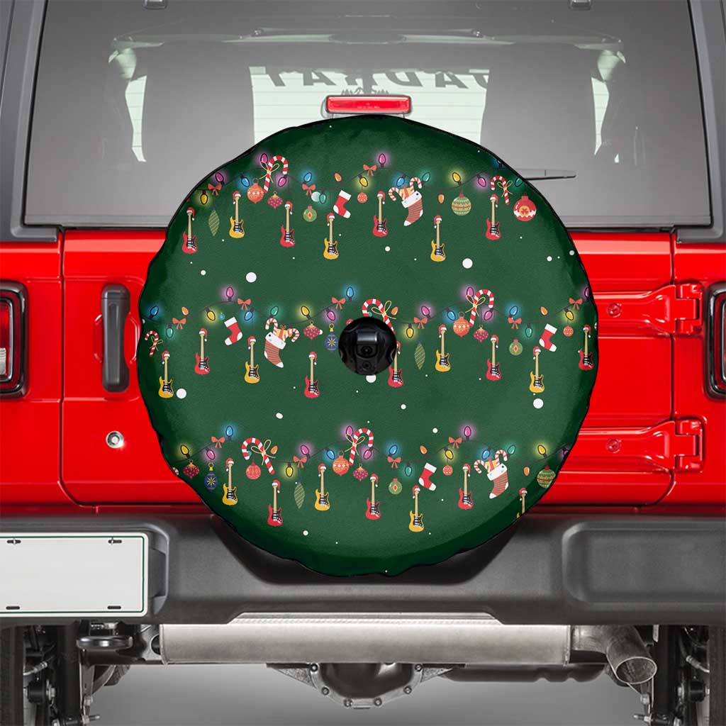 Ornaments on Green Snowy Background Spare Tire Cover with Electric Guitars Santa Candy Canes - Wonder Print Shop