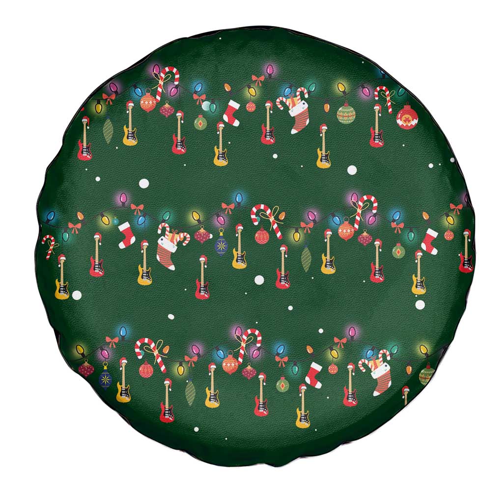 Ornaments on Green Snowy Background Spare Tire Cover with Electric Guitars Santa Candy Canes - Wonder Print Shop