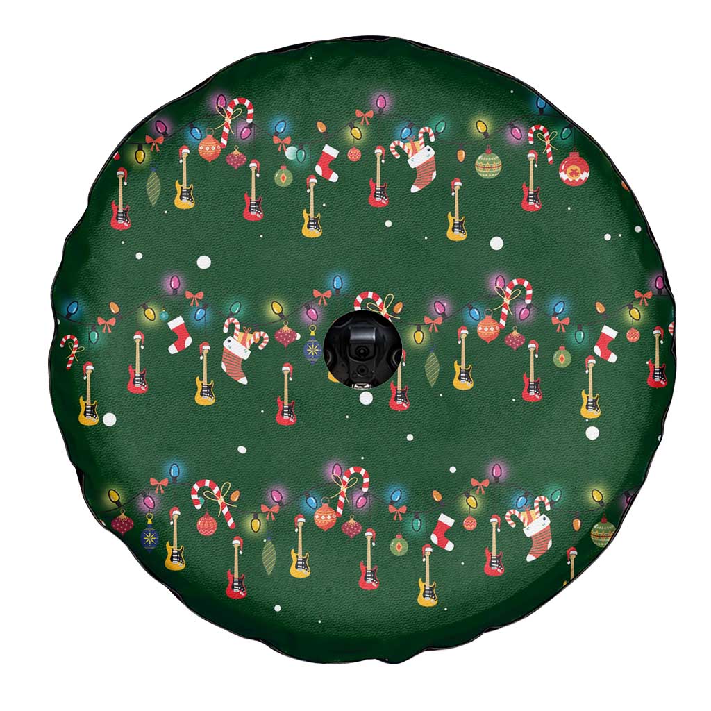 Ornaments on Green Snowy Background Spare Tire Cover with Electric Guitars Santa Candy Canes - Wonder Print Shop