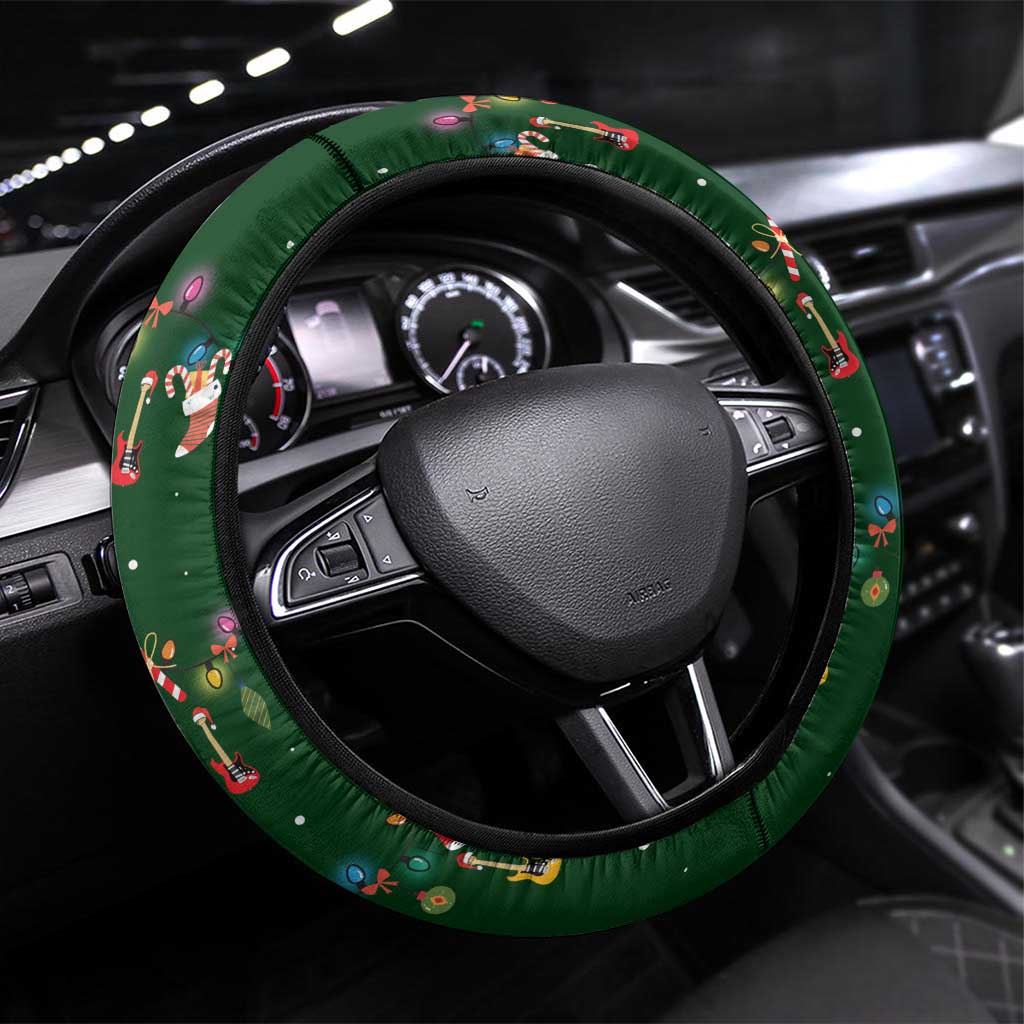 Ornaments on Green Snowy Background Steering Wheel Cover with Electric Guitars Santa Candy Canes - Wonder Print Shop