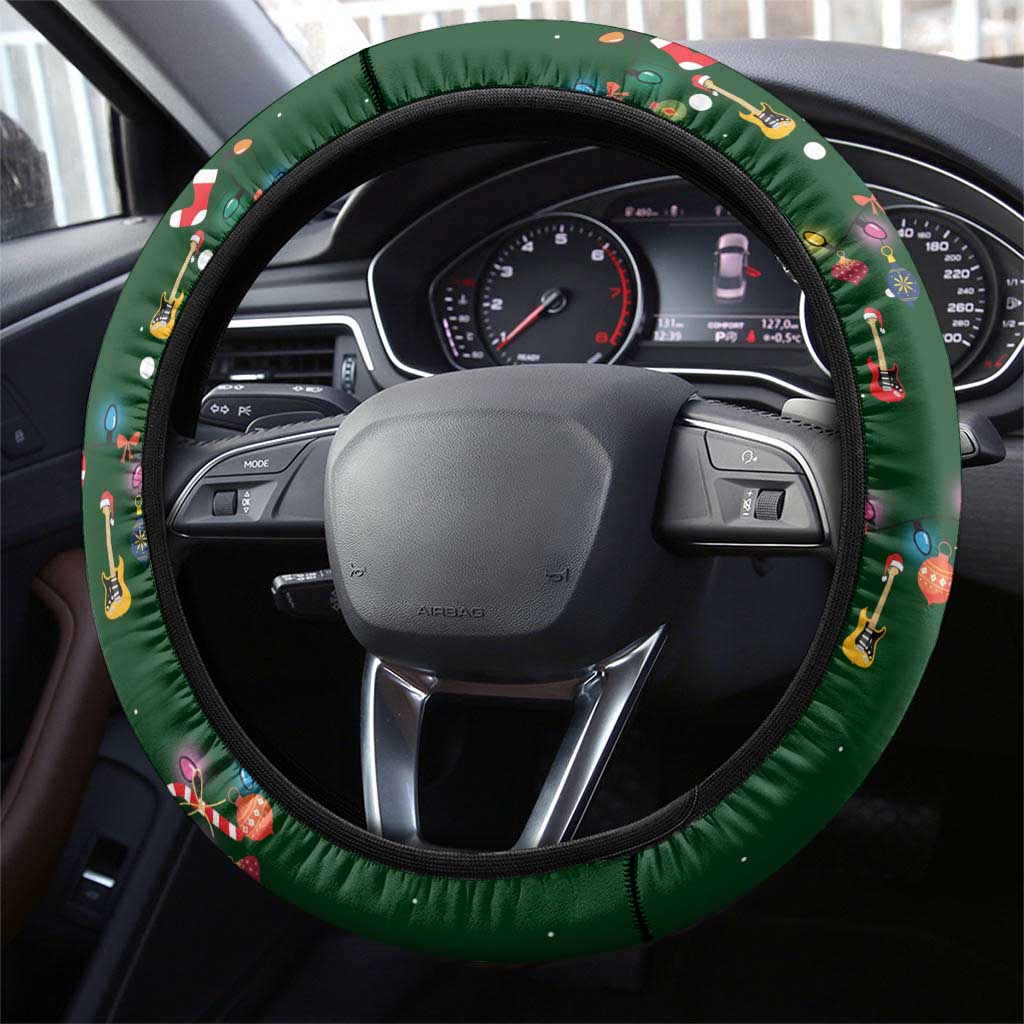 Ornaments on Green Snowy Background Steering Wheel Cover with Electric Guitars Santa Candy Canes - Wonder Print Shop