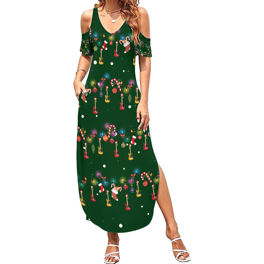 Ornaments on Green Snowy Background Summer Maxi Dress with Electric Guitars Santa Candy Canes - Wonder Print Shop