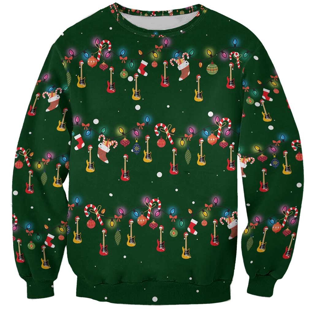 Ornaments on Green Snowy Background Sweatshirt with Electric Guitars Santa Candy Canes - Wonder Print Shop