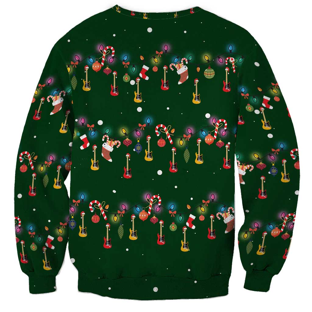 Ornaments on Green Snowy Background Sweatshirt with Electric Guitars Santa Candy Canes - Wonder Print Shop