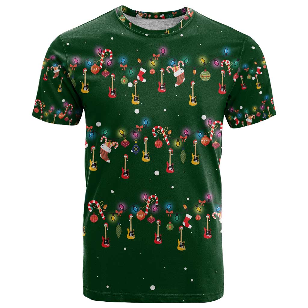 Ornaments on Green Snowy Background T Shirt with Electric Guitars Santa Candy Canes - Wonder Print Shop