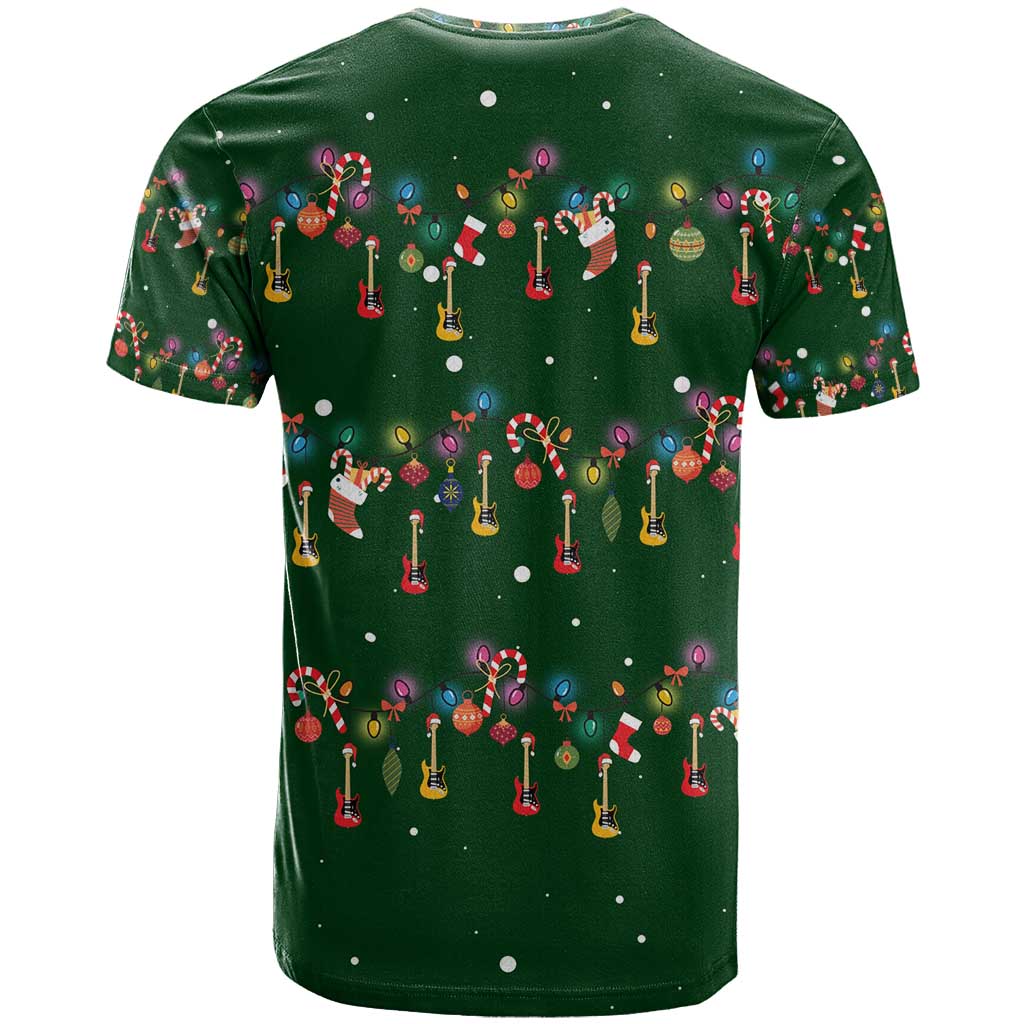 Ornaments on Green Snowy Background T Shirt with Electric Guitars Santa Candy Canes - Wonder Print Shop