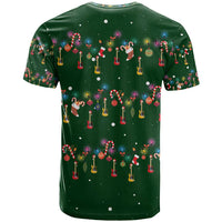 Ornaments on Green Snowy Background T Shirt with Electric Guitars Santa Candy Canes - Wonder Print Shop