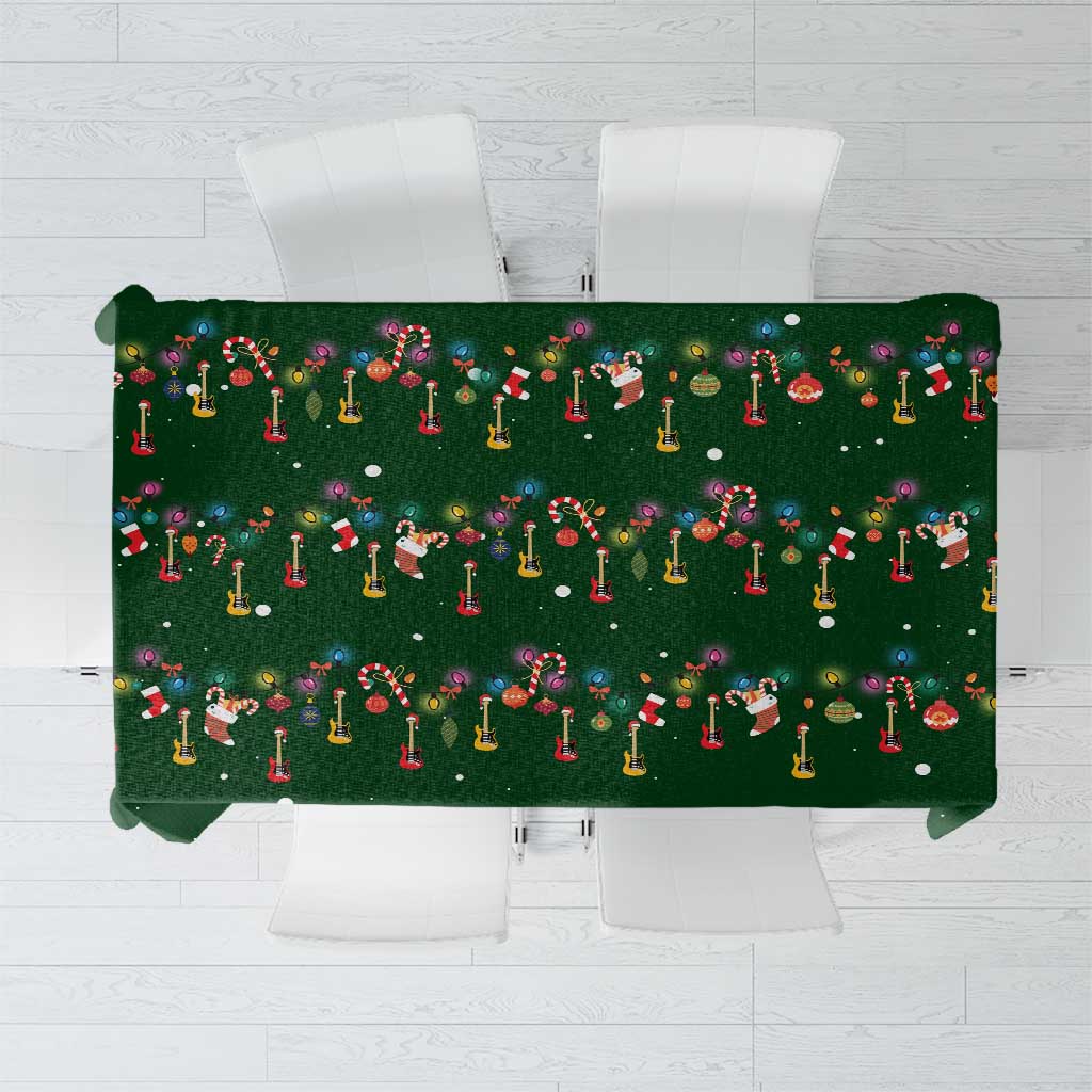 Ornaments on Green Snowy Background Tablecloth with Electric Guitars Santa Candy Canes - Wonder Print Shop
