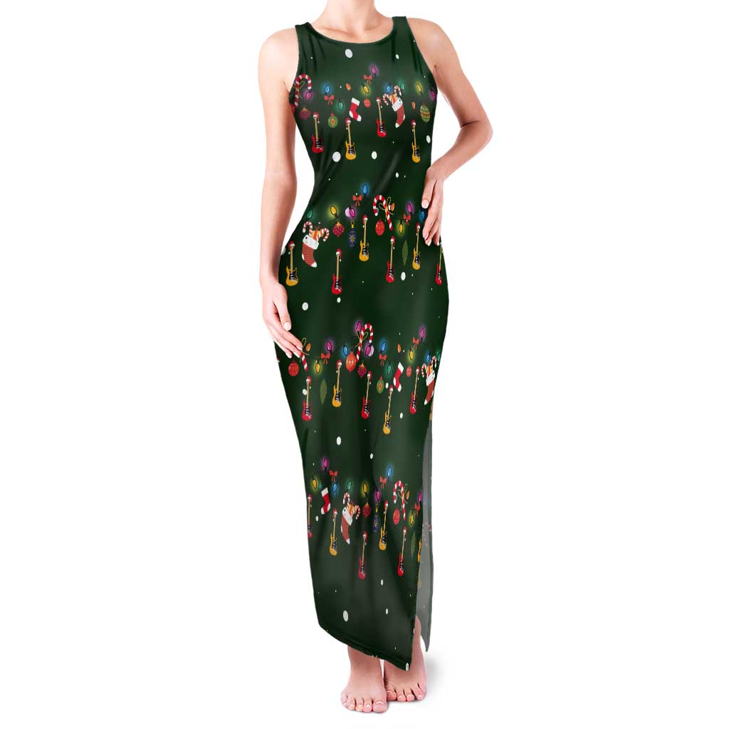 Ornaments on Green Snowy Background Tank Maxi Dress with Electric Guitars Santa Candy Canes - Wonder Print Shop