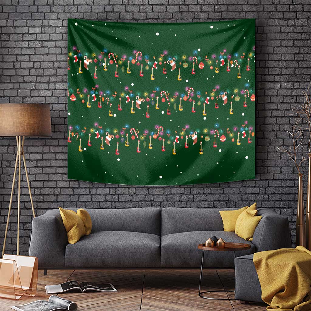 Ornaments on Green Snowy Background Tapestry with Electric Guitars Santa Candy Canes - Wonder Print Shop