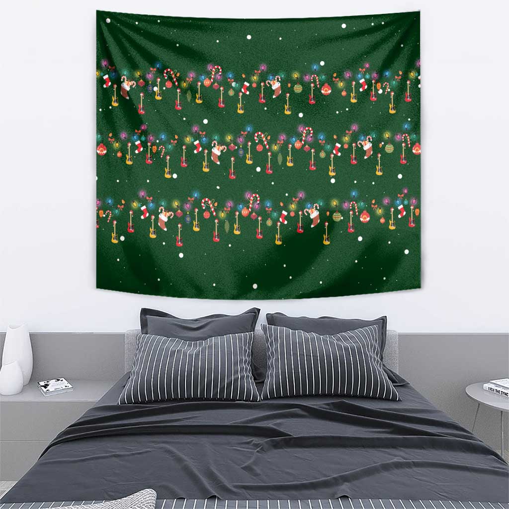 Ornaments on Green Snowy Background Tapestry with Electric Guitars Santa Candy Canes - Wonder Print Shop
