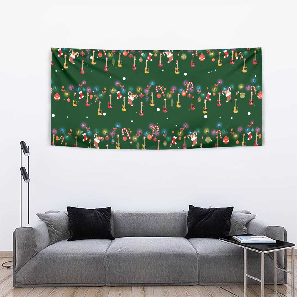 Ornaments on Green Snowy Background Tapestry with Electric Guitars Santa Candy Canes - Wonder Print Shop
