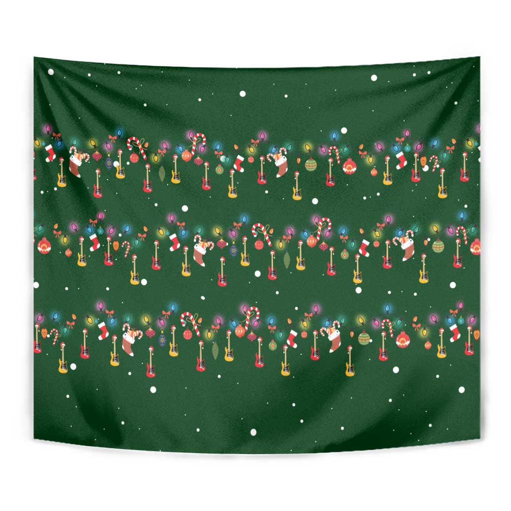Ornaments on Green Snowy Background Tapestry with Electric Guitars Santa Candy Canes - Wonder Print Shop