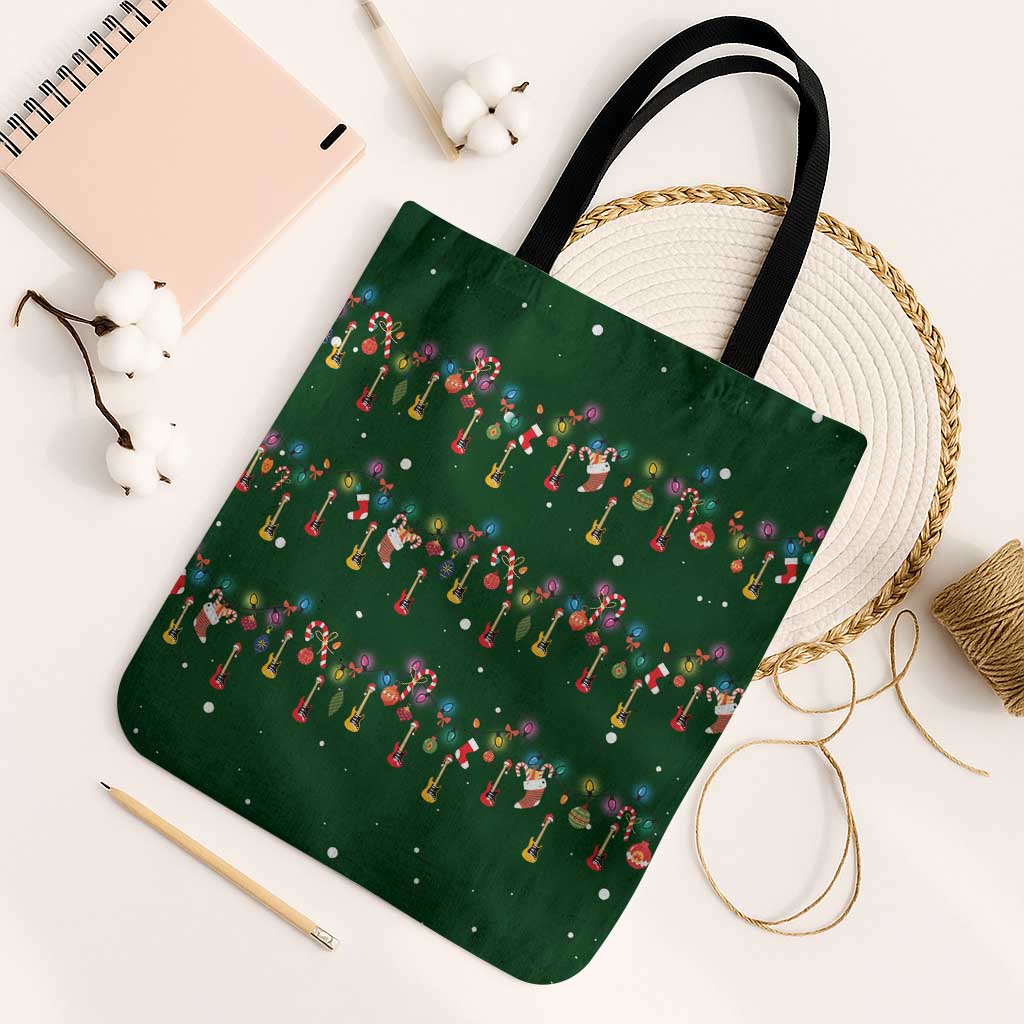 Ornaments on Green Snowy Background Tote Bag with Electric Guitars Santa Candy Canes - Wonder Print Shop